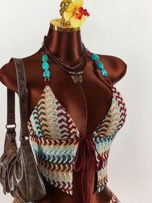 Amplova 2 pezzi Completo corto boho con tessuto strutturato e accenti in pietra, novità 2026 per donne - Multicolore - Visualizzare 7