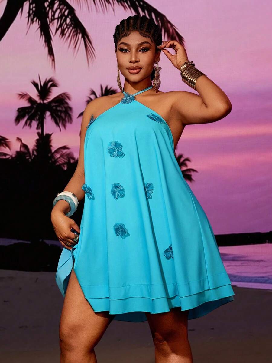 Maweii Plus Size Halter Neck Beach Vacation Romantic Backless 3D Floral Dress - Blue - View 1