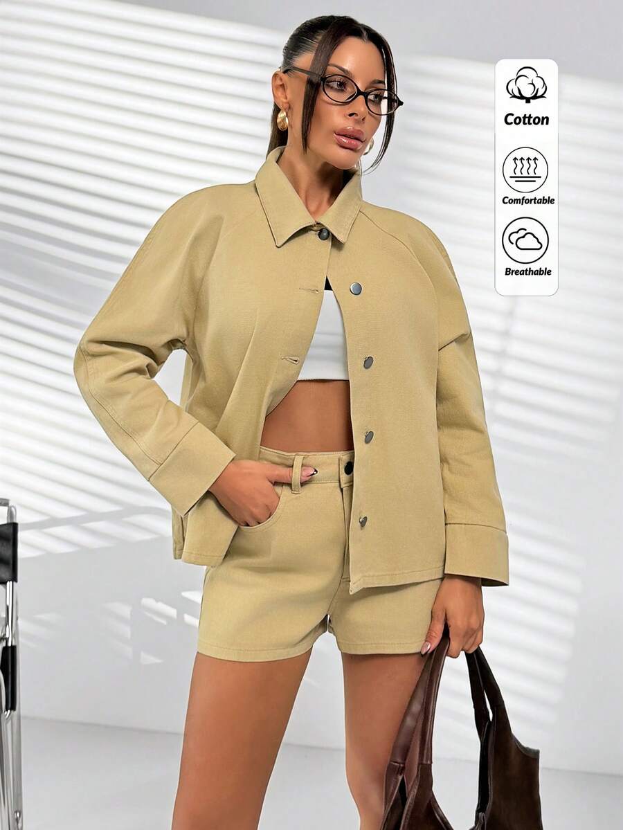 Woman Denim Two Pieces Set Oversize Drop Shoulder Button Front Beige Color Jacket And High Waist Denim Casual Short - Beige - View 1
