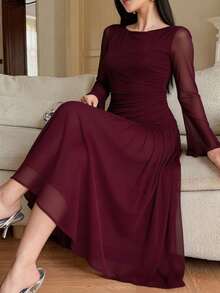 Feyla Plus Size Women Solid Color Round Neck Ruffle Mesh Long Sleeve Elegant Dress - Purple - View 9