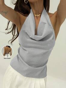 Aloruh Áo sơ mi nữ thời trang gợi cảm quyến rũ hở lưng cổ sâu kẻ sọc buộc lưng - Đen và trắng - Xem 1