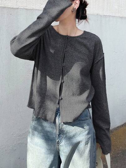 FRIFUL 女士纯灰色圆领长袖罗纹饰边纽扣宽松休闲T恤，秋季百搭