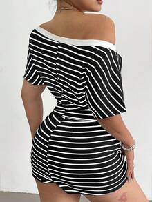 Sunnyshic Plus Size Striped Off-Shoulder Sexy Top & Drawstring Casual Shorts Set For Women - Black and White - View 2