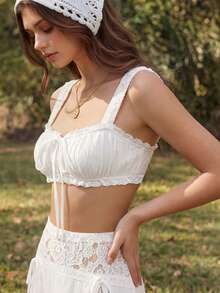 Sweetness Southern Italy Style Vacation Lace Hollow-Out Cropped Top And Skirt 2 Pieces Set For Women - White - View 3
