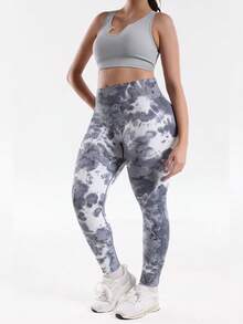 SHEIN Rhythm Era Quần yoga thể thao nhuộm màu tie-dye cỡ lớn dành cho nữ, quần legging không đường may, không xuyên thấu, thích hợp cho chạy bộ, tập thể dục và mặc thường ngày. - Xám - Xem 4