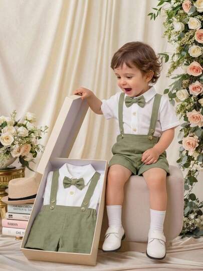 SHEIN 2pcs Baby Boy Summer Cute Collar Shirt, Bow Tie And Suspender Shorts Gentleman Outfit Set, Suitable For Birthday Party, Evening Party, Performance, Wedding, Baby Shower, Wedding Guest, Pageboy