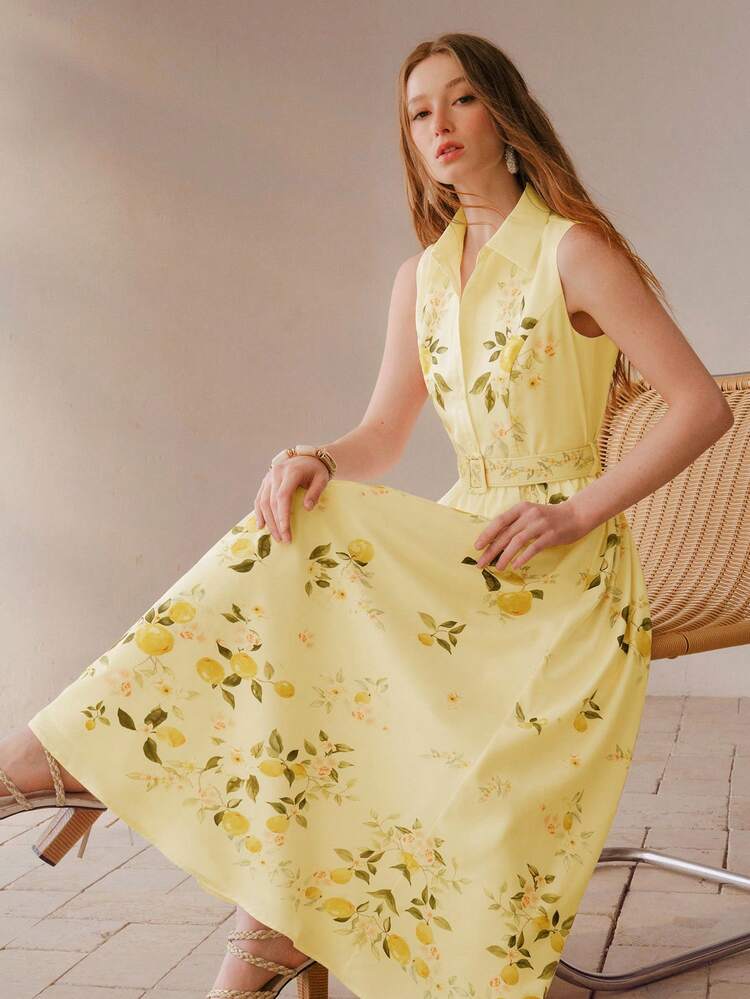 WOMEN'S LEAF PRINT FITTED WAIST SLEEVELESS HIGH-END A-LINE YELLOW DRESS