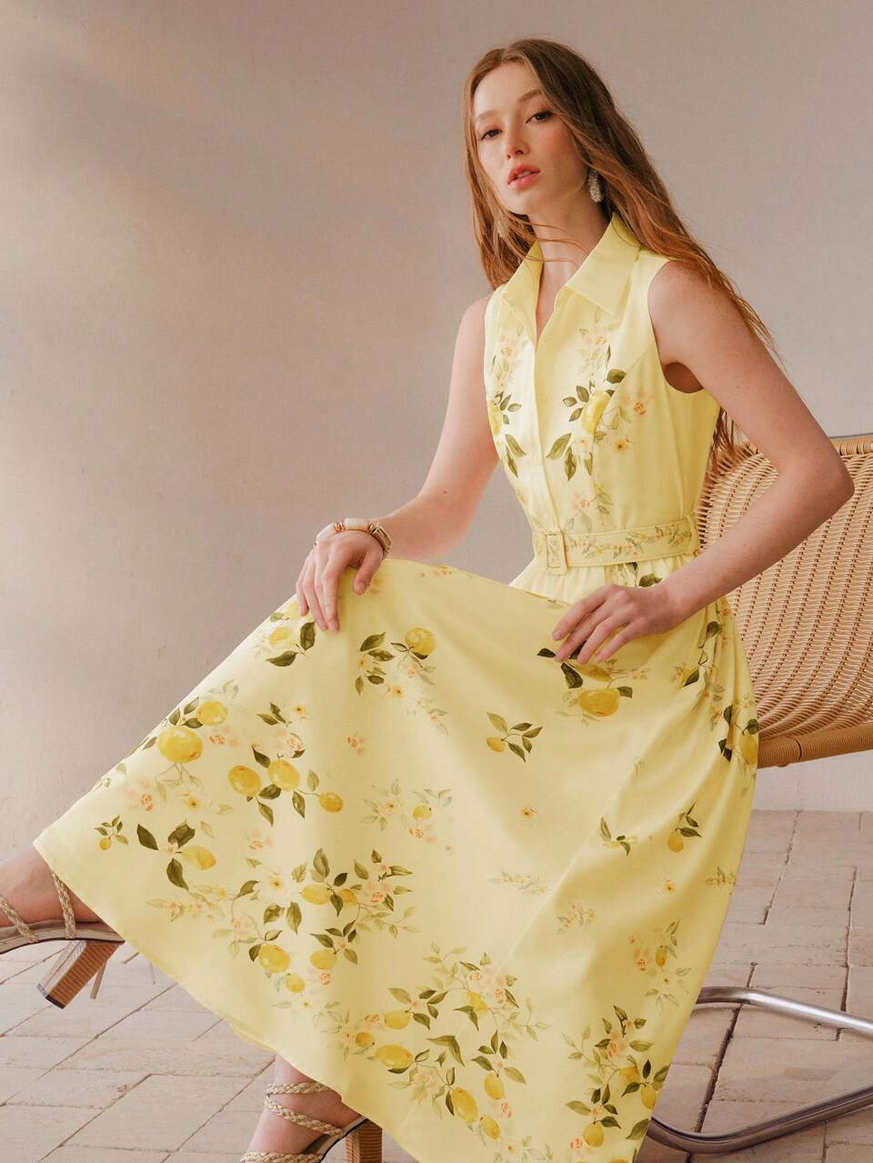 MOTF WOMEN'S LEAF PRINT FITTED WAIST SLEEVELESS HIGH-END A-LINE YELLOW DRESS