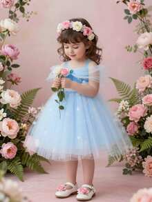 Glamorique Kids 女婴公主裙，蓝色网纱连衣裙，蓝色公主裙，雪花印花网纱蓬蓬裙，白色毛边，派对礼服，优雅正式礼服，秋冬新品，四季皆宜，中东、欧洲和美洲，带披肩 - 藍色 - 查看 5