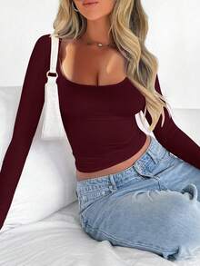 Zavorell Women's Casual Solid Color Square Neck Long Sleeve T-Shirt - Burgundy - View 3