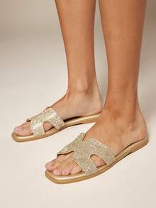 SHUZIA 女士浅金色水钻拖鞋 - 优雅露趾设计，轻松舒适，时尚新年假期 - 金色 - 查看 5