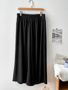 Dazy Plus Plus Size Casual Solid Color Wide Leg Pants, All Season - Black - View 3