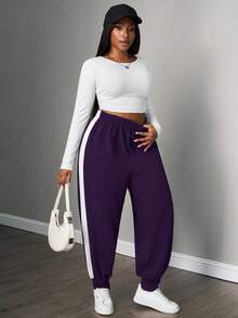 SHEIN PETITE CURVE Plus Contrast Side Seam Sweatpants Graduation,Back To School Outfits,Graduation,Teacher Outfits For Women,Back To School - Purple - View 5