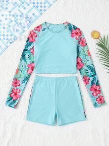 SHEIN Bộ đồ bơi cho bé gái tuổi teen, gồm áo tay raglan in hình cây nhiệt đới và quần short. - Nhiều màu - Xem 3