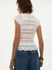 Poéselle 女士白色波点透视露脐上衣，优雅茶会夏季纯色短袖荷叶边下摆上衣，女士最新款上衣 - 白色 - 查看 2