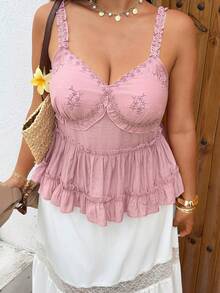Sunnyshic Plus Size Pink Embroidered Ruffle Trim Bow Camisole - Pink - View 5