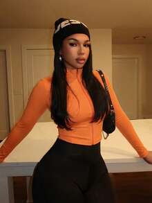 Slaydiva Jaket Kasual Dasar Musim Gugur/Dingin Kerah V Lengan Panjang Pas Badan dengan Resleting - E - Jeruk - View 4