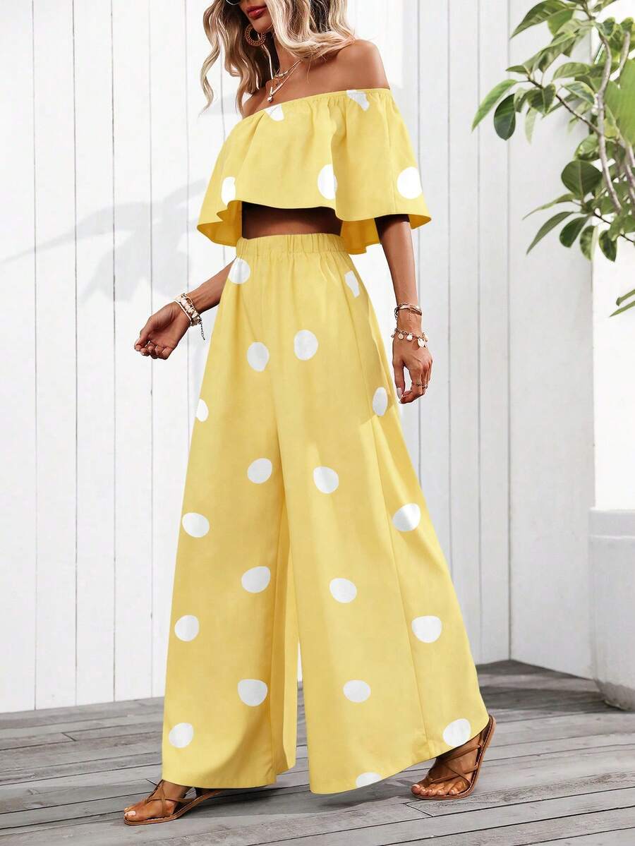 EMERY ROSE Women's Vacation Off-Shoulder Polka Dot Print Blouse And Wide-Leg Pants 2-Piece Set (Floral Pattern Randomly Cut) - Yellow - View 1