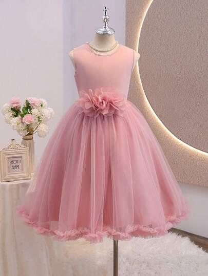 Đầm dự tiệc không tay màu trơn họa tiết hoa 3D cho bé gái tuổi teen