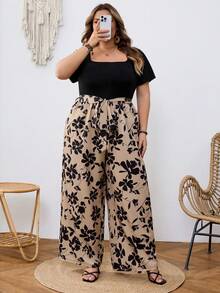 SHEIN CURVE+ Plus Size Women Holiday Floral Print Patchwork Short Sleeve Loose Jumpsuit - Multicolor - View 6