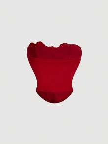 SHEIN MOD 女士优雅纯色花卉装饰休闲抹胸上衣和半身裙两件套，适合夏季、情人节、约会等场合。 - 紅色 - 查看 5