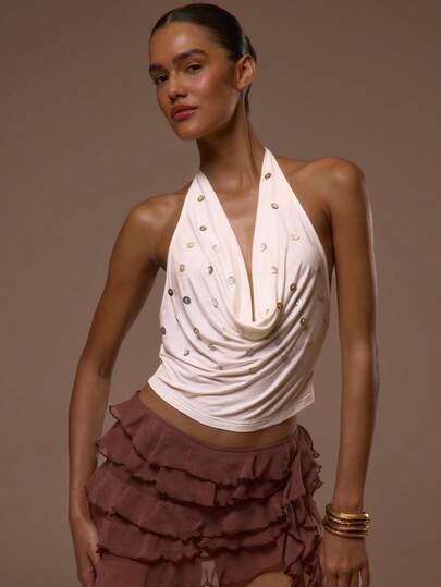 MUSERA Deep Plunge Cowl Neck Embellished Seashell Button Low Back Top Summer Spring Sexy Cute Holiday Vacation Going Out Occasion Ibiza Elegant Sunset Ties