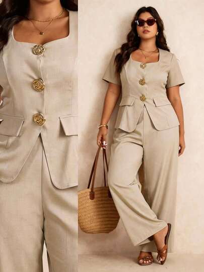 Elaquor Plus Size Solid Color Minimalist Daily Short Sleeve Top And Pants 2 Pieces Set