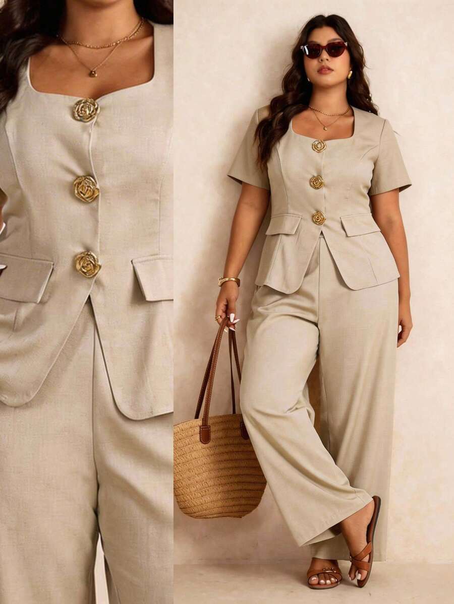 Elaquor Conjunto de 2 piezas de top de manga corta y pantalones de unicolor minimalista para uso diario en tallas grandes - Albaricoque - Ver 1