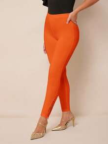 SHEIN PETITE CURVE 女士纯色弹力腰休闲打底裤 - 橘色 - 查看 5
