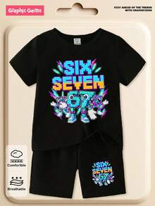 SHEIN Explorewe Young BoyBasic Short Sleeve T-Shirt + Black Shorts Set - Multi-Color - Black - View 6