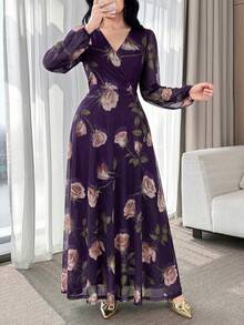 Feyla New Rose Flower Elegant Charming Elegant High-End Cinched Waist Dress For Women - Purple - View 5