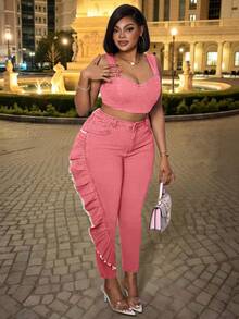 Slaydiva Pantalones pitillo de talla grande para mujer con volantes en el bajo - Rosa - Ver 4