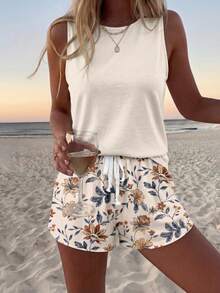 Sylviya 女士休闲针织圆领吊带背心和多色印花短裤两件套，带口袋，夏季两件套，印花短裤套装，休闲两件套，女士短裤套装，舒适两件套 - 彩色 - 查看 5