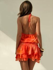 Rafferiza Đầm ngắn cổ yếm in họa tiết dành cho nữ, thích hợp cho kỳ nghỉ. - Màu Cam san hô - Xem 2