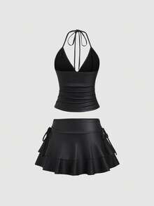 Sweetra Women's Solid Color Pleated Halter Neck Camisole And Mini Skirt 2-Piece Set, Spring/Summer - Black - View 2