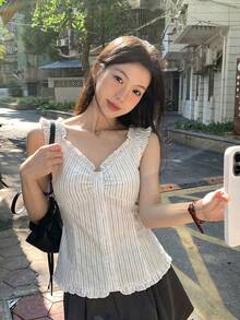 DAZY Áo không tay kẻ sọc xếp bèo dành cho nữ, tươi trẻ và năng động cho mùa hè. - trắng - Xem 6