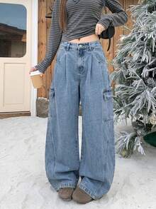 DAZY Damen Lässige Weite Schlagjeans - Blau - Übersicht 5