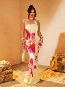 SHEIN SXY 大码碎花修身连衣裙，优雅时尚 - 彩色 - 查看 3