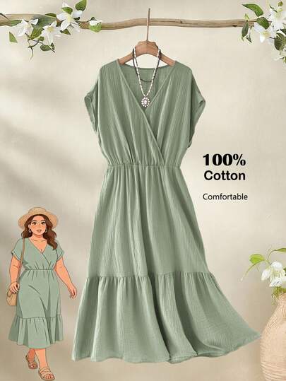 Rusticease Damen Lässig Urlaubs Midi-Kleid in Unifarbe mit Kurzarm, Große Größen, bequem & locker
