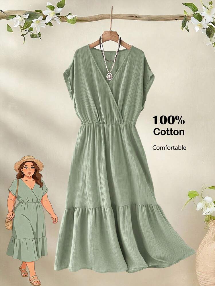 Plus Size Women's Summer Casual Vacation Country  Short Sleeve Solid Color Green Mid-Length Dress, Comfortable & Relaxed,Plus Size Women's Summer Casual Vacation Country Short Sleeve Solid Color Mid-Length Dress, Comfortable & Casual/Summer,Comfortable And Breathable,Summer Holiday,Spring Break Outfits ,Vacation Outfits Women ,Holiday Outfits For Women,Going Out Outfits,2026 New Clothes,Simple And Fashionable For Everyday Wear,Casual Dresses For Women,Flowy Dress ,Suitable For Summer, Vacation, Commute, Daily Wear Cottagecore Dress Solid Color Dress,Vacation, Daily Wear, Festival Outfits For Women,Country Concert Outfit,Beach Outfits For Women,Western Style