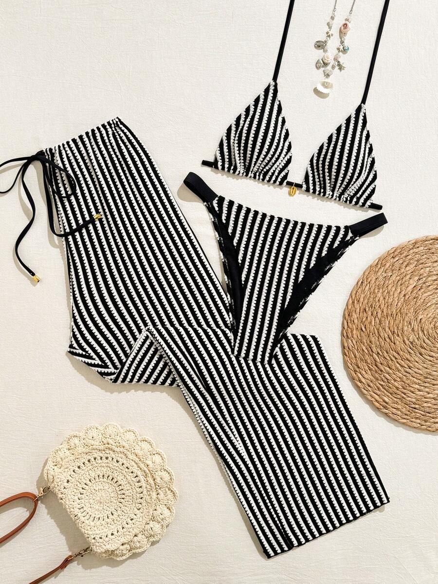 Swim Oasis 2026新款春夏女士三件套泳衣，泳裤和裙子，特殊面料沙滩度假优雅休闲泳装套装 - 黑與白 - 查看 1