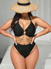 SHEIN Swim SXY Bộ bikini gợi cảm buộc dây cổ màu trơn dành cho nữ cỡ lớn, thích hợp mặc đi biển mùa hè. - màu đen - Xem 1