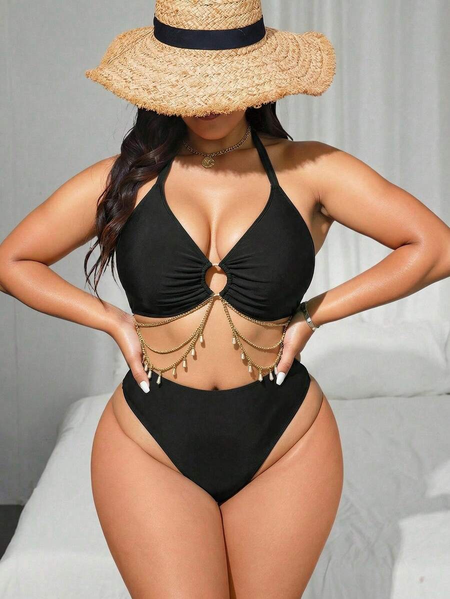 SHEIN Swim SXY Bộ bikini gợi cảm buộc dây cổ màu trơn dành cho nữ cỡ lớn, thích hợp mặc đi biển mùa hè. - màu đen - Xem 1