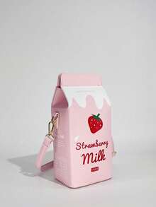 ROMWE Kawaii 时尚牛奶纸盒形状字母和奶牛印花斜挎包，配有可拆卸肩带和拉链开合，休闲通勤斜挎包，适合旅行和日常使用，草莓图案方形包 - 粉色 - 查看 2