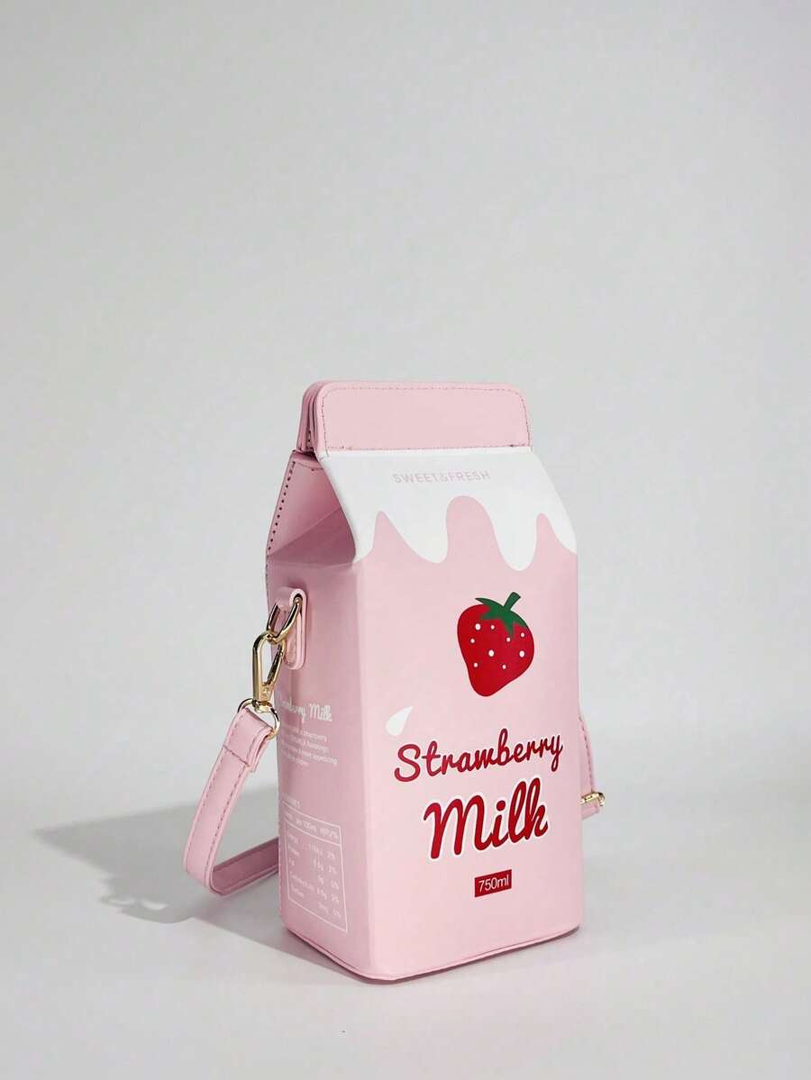 ROMWE Kawaii 时尚牛奶纸盒形状字母和奶牛印花斜挎包，配有可拆卸肩带和拉链开合，休闲通勤斜挎包，适合旅行和日常使用，草莓图案方形包