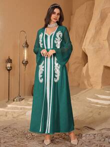 Al Najma Satin Solid Color Ribbon Decor, Adorn With Luxurious 3D Floral, Waist-Cinching Elegant 2 In 1 Arabic Style Dress - Green - View 5