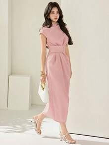 Heiryn 女士纯色褶裥开衩优雅腰线中长连衣裙，适合派对和外出场合 - 藕粉色 - 查看 6