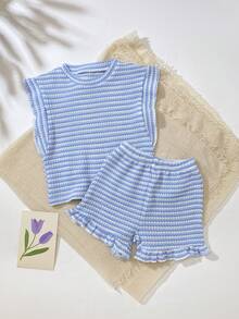 SHEIN Playful Pals 2件套女婴0-3岁春夏休闲日常度假针织黑白条纹荷叶袖圆领T恤和短裤套装 - 藍色 - 查看 1