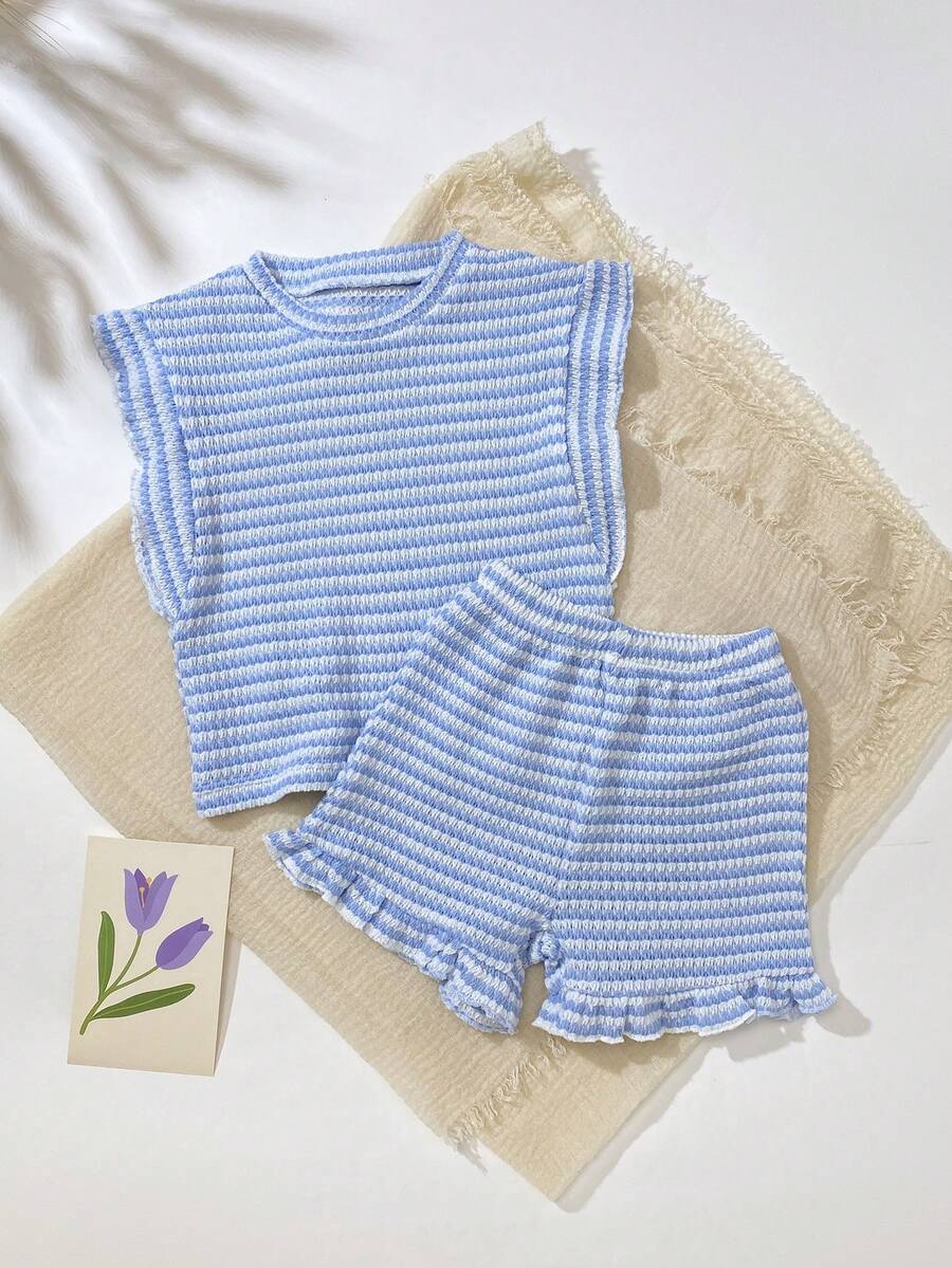 SHEIN Playful Pals 2件套女婴0-3岁春夏休闲日常度假针织黑白条纹荷叶袖圆领T恤和短裤套装 - 藍色 - 查看 1