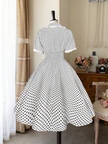 Sweetra Fashionable French Style Polka Dot V-Neck Short Sleeve Waist Cinched Dress - White - View 2